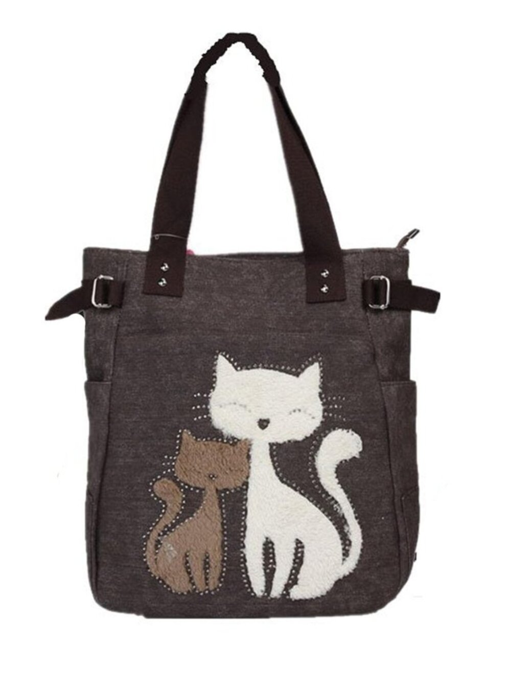 Canvas Tote Handbag for Women Cute Cat Embroidery Shoulder Purse Large Zipper